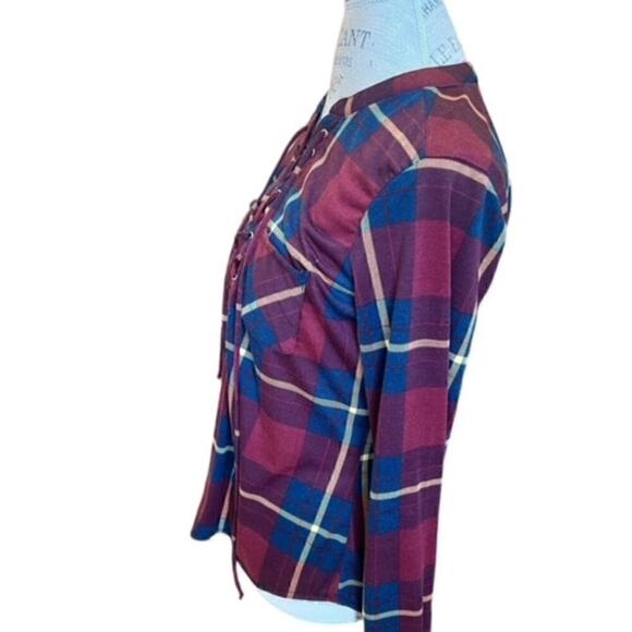 Rue21 Maroon Red Blue Plaid Pullover Top - Lace Up Polyester Flannel - Small - Picture 2 of 4